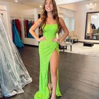 Sparkly Mermaid Scoop Neck Neon Green Prom Dresses with Slit - Thumbnail 1