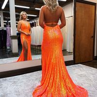 Mermaid V Neck Spaghetti Straps Orange Long Prom Dresses with Slit - Thumbnail 1