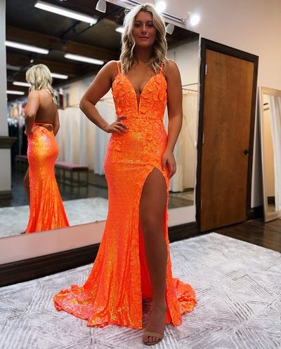 Mermaid V Neck Spaghetti Straps Orange Long Prom Dresses with Slit