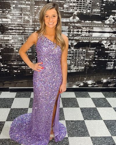 Chic Mermaid One Shoulder Lavender Sequins Long Prom Dress with Slit
