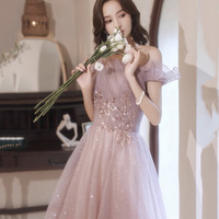 Pink tulle sequins long prom dress pink evening dress - Thumbnail 3