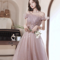 Pink tulle sequins long prom dress pink evening dress - Thumbnail 4