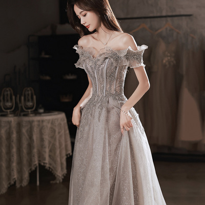 Gray tulle sequins long prom dress gray evening dress - Thumbnail 2