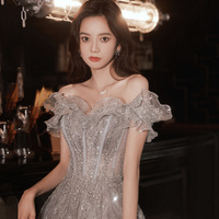 Gray tulle sequins long prom dress gray evening dress - Thumbnail 4