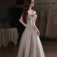 Gray tulle sequins long prom dress gray evening dress - Thumbnail 5