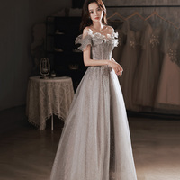 Gray tulle sequins long prom dress gray evening dress - Thumbnail 7