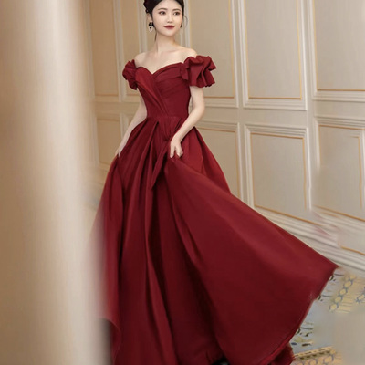 Burgundy satin long prom dress a line evening dress - Thumbnail 1