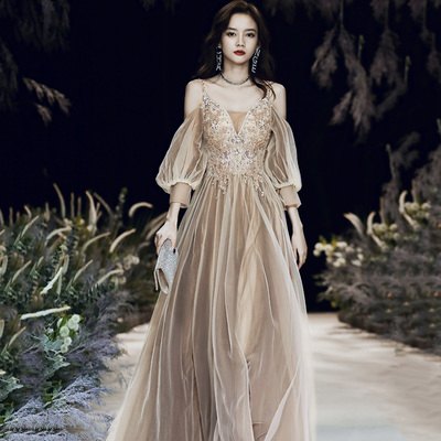 Cute tulle lace long prom dress a line evening dress - Thumbnail 4