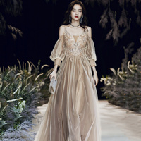 Cute tulle lace long prom dress A line evening dress - Thumbnail 5