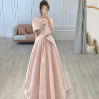 Pink satin long prom dress with bow A line evening dress - Thumbnail 2