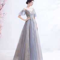 Blue tulle sequins long prom dress blue evening dress - Thumbnail 3