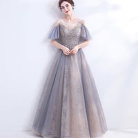 Blue tulle sequins long prom dress blue evening dress - Thumbnail 5