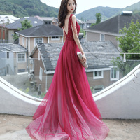 Red tulle beads long prom dress red evening dress - Thumbnail 2