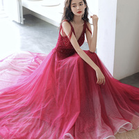Red tulle beads long prom dress red evening dress - Thumbnail 4