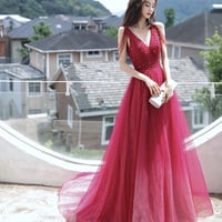 Red tulle beads long prom dress red evening dress - Thumbnail 5