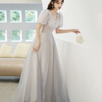 Gray tulle beads long prom dress A line evening gown - Thumbnail 3
