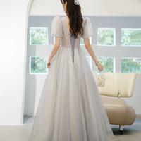 Gray tulle beads long prom dress A line evening gown - Thumbnail 4