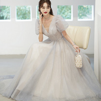 Gray tulle beads long prom dress A line evening gown - Thumbnail 5