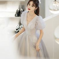 Gray tulle beads long prom dress A line evening gown - Thumbnail 6