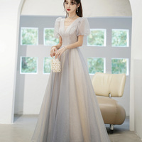 Gray tulle beads long prom dress A line evening gown - Thumbnail 7