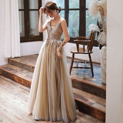 Cute v neck lace long prom dress a line evening dress - Thumbnail 4