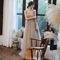 Cute v neck lace long prom dress A line evening dress - Thumbnail 1