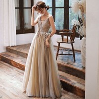 Cute v neck lace long prom dress A line evening dress - Thumbnail 4