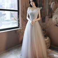Gray tulle sequins long prom dress gray evening dress - Thumbnail 1