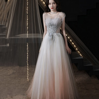 Gray tulle sequins long prom dress gray evening dress - Thumbnail 2