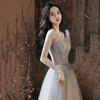 Gray tulle sequins long prom dress gray evening dress - Thumbnail 3
