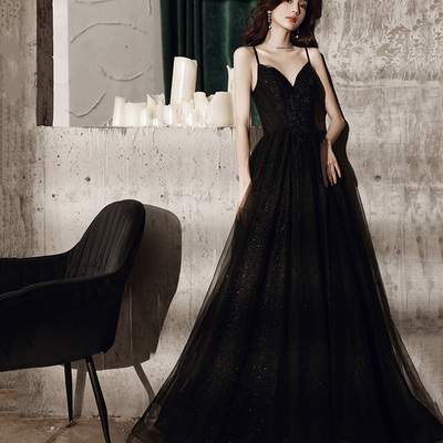 Black v neck tulle long prom dress a line evening dress - Thumbnail 3