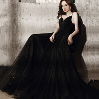 Black v neck tulle long prom dress A line evening dress - Thumbnail 1