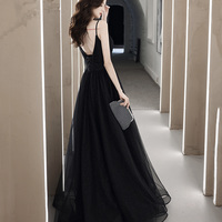 Black v neck tulle long prom dress A line evening dress - Thumbnail 4