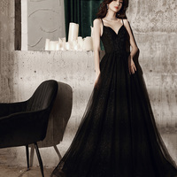 Black v neck tulle long prom dress A line evening dress - Thumbnail 5