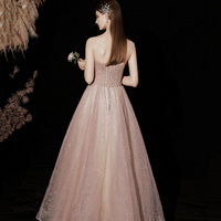 Pink tulle sequins long prom dress pink evening dress - Thumbnail 4