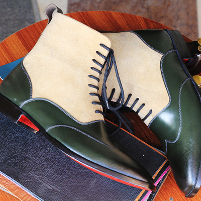 Men's beige green leather ankle boots boots ankle boots, lace up leather boots