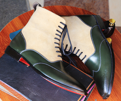 Men's Beige Green Leather Ankle Boots Boots Ankle Boots, Lace up Leather Boots