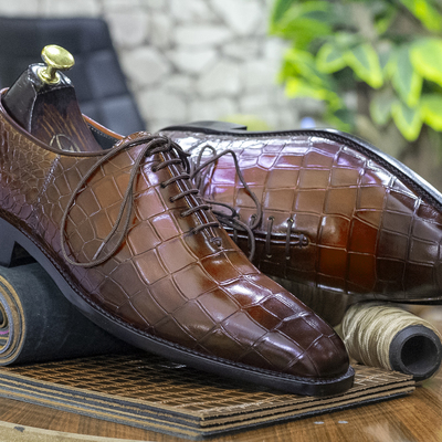 Handmade whole cut alligator shoes, brown tan oxfords men dress alligator shoes - Thumbnail 3
