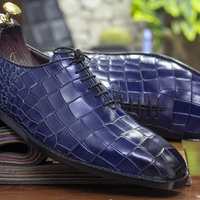 Handmade Whole Cut Alligator Shoes, Blue Oxfords Men Dress Alligator Shoes - Thumbnail 1