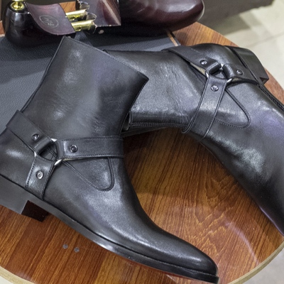 Men's black harness leather ankle boots, men ankle high leather boots - Thumbnail 2