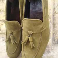 New Edition Olive Tassels Loafer Suede Shoes Made On Order - Thumbnail 1