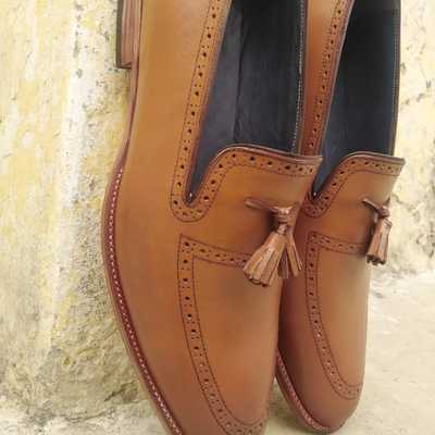 Handmade men's brown tassels loafer casual wear genuine leather shoes