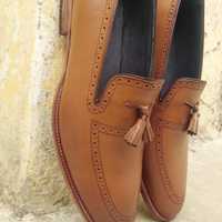 Handmade Men's Brown Tassels Loafer Casual Wear Genuine Leather Shoes - Thumbnail 1