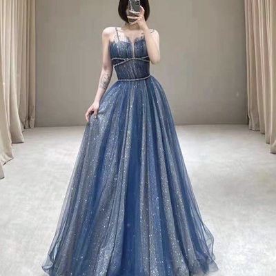 Blue tulle sequins long prom dress blue evening dress - Thumbnail 2