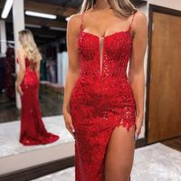 Stunning Mermaid V Neck Red Sequins Prom Dress with Appliques - Thumbnail 1