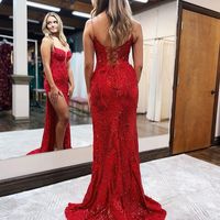 Stunning Mermaid V Neck Red Sequins Prom Dress with Appliques - Thumbnail 2