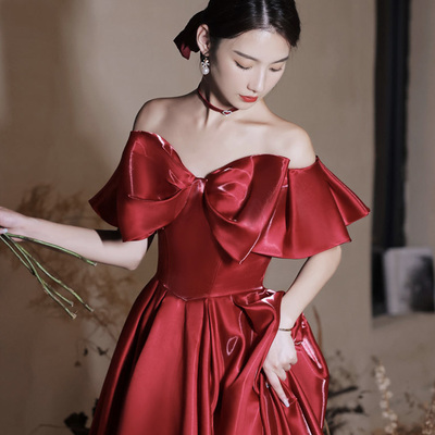 Red satin long prom dress a line evening dress - Thumbnail 2