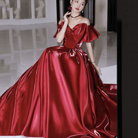 Red satin long prom dress A line evening dress - Thumbnail 1