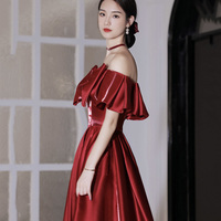 Red satin long prom dress A line evening dress - Thumbnail 2