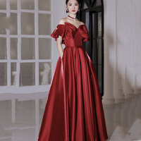 Red satin long prom dress A line evening dress - Thumbnail 4